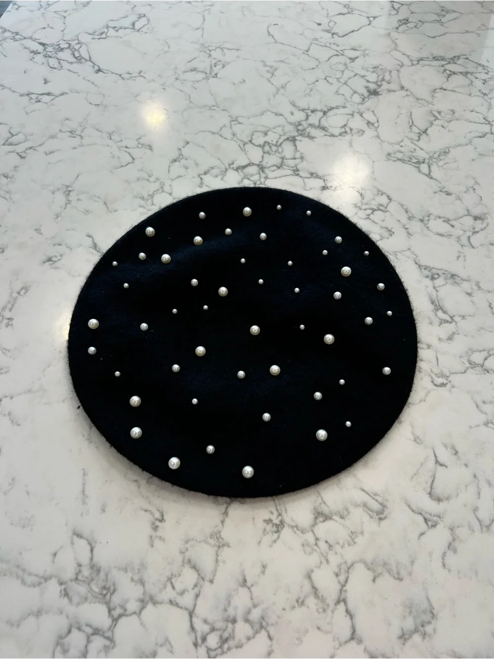 Black Beret‎ Hat w/ Faux Pearl Accents